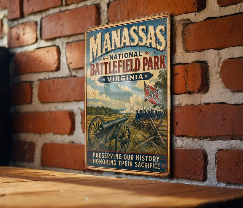 A vintage metal sign for the National Battlefield Park in Virginia, featuring a cannon and a group of people in a historical battle scene.
