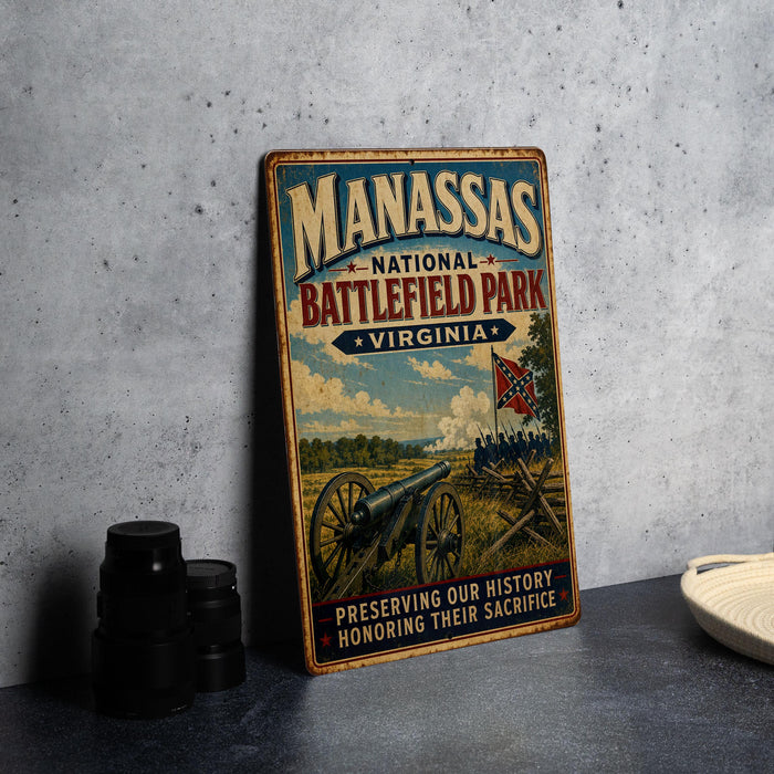 a vintage metal sign with a historical illustration of a cannon and soldiers, along with the text "MANASSAS NATIONAL BATTLEFIELD PARK VIRGINIA" and "PRESERVING OUR HISTORY HONORING THEIR SACRIFICES".
