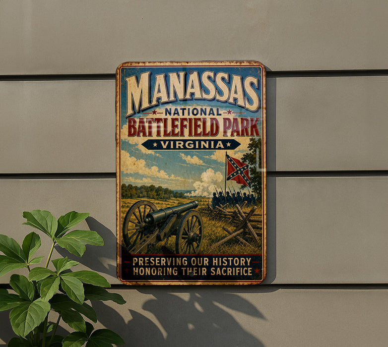 a vintage metal sign for the National Battlefield Park in Virginia, with a historical illustration of a cannon and soldiers in the background.