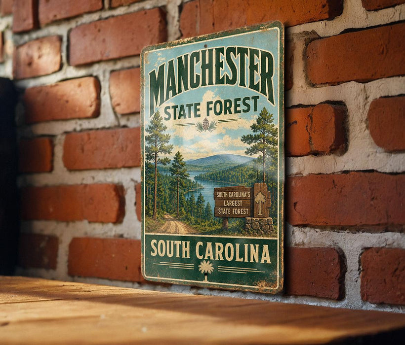 A vintage metal sign for Manchester State Forest in South Carolina, featuring a scenic landscape with pine trees and a lake.
