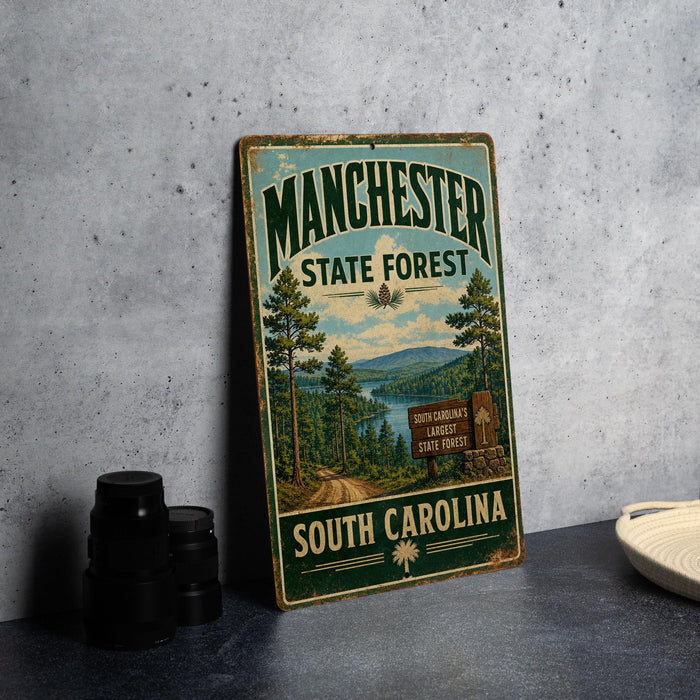 A vintage-style metal sign for the Manchester State Forest in South Carolina, featuring a scenic landscape with pine trees and a lake.