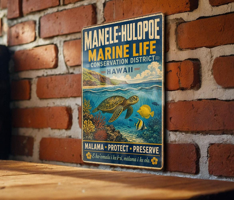 A vintage-style sign for the Manole-Hulopoe Marine Life Conservation District in Hawaii, featuring a turtle and coral reef illustration.