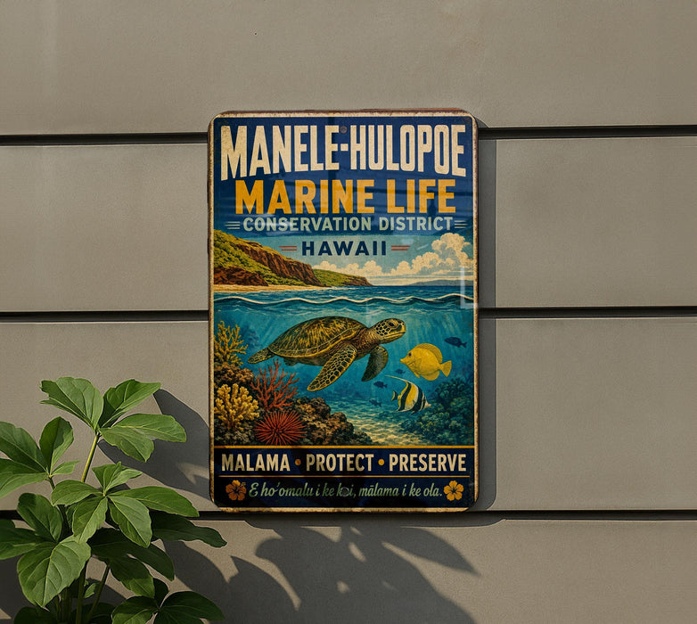 A vintage metal sign for the Manole-Hulopoe Marine Life Conservation District in Hawaii, featuring a colorful illustration of a sea turtle swimming among coral and fish.