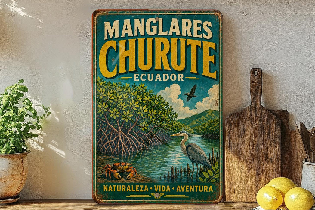 A vintage-style sign for Manglares Churute, a natural reserve in Ecuador, featuring an illustration of a bird, a river, and lush vegetation.