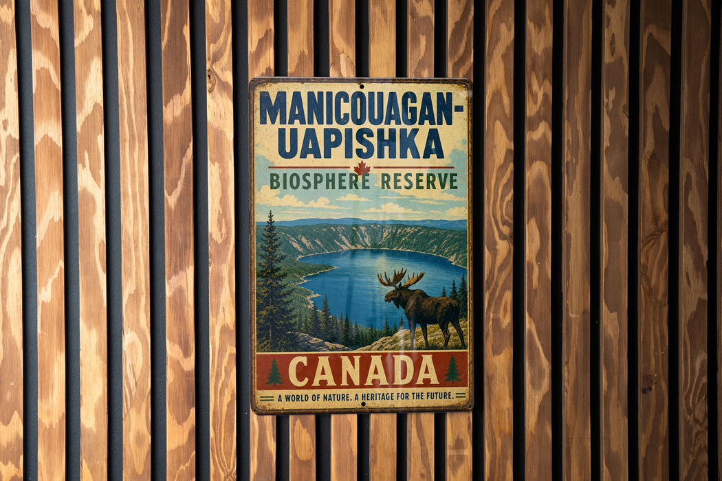 A vintage metal sign for the Manicouagan-Uapishka Biosphere Reserve in Canada, featuring a moose in a forest landscape.