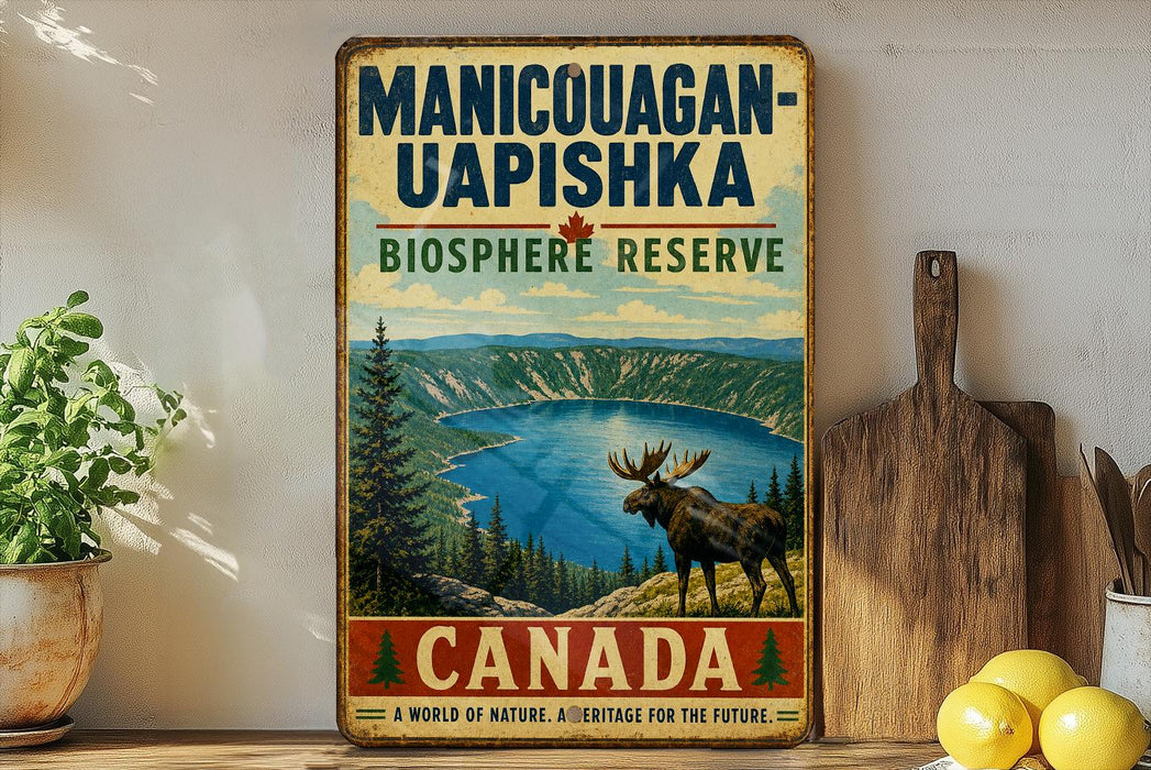 A vintage-style sign for the Manicouagan-Uapishka Biosphere Reserve in Canada, featuring a moose and a scenic landscape.