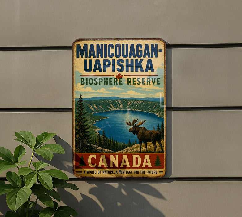 A vintage-style metal sign for the Manicouagan-Uapishka Biosphere Reserve in Canada, featuring a moose and a scenic landscape.
