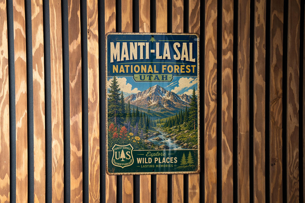 A vintage metal sign for the Manti-La Sal National Forest in Utah, featuring a scenic mountain landscape with a river and pine trees.