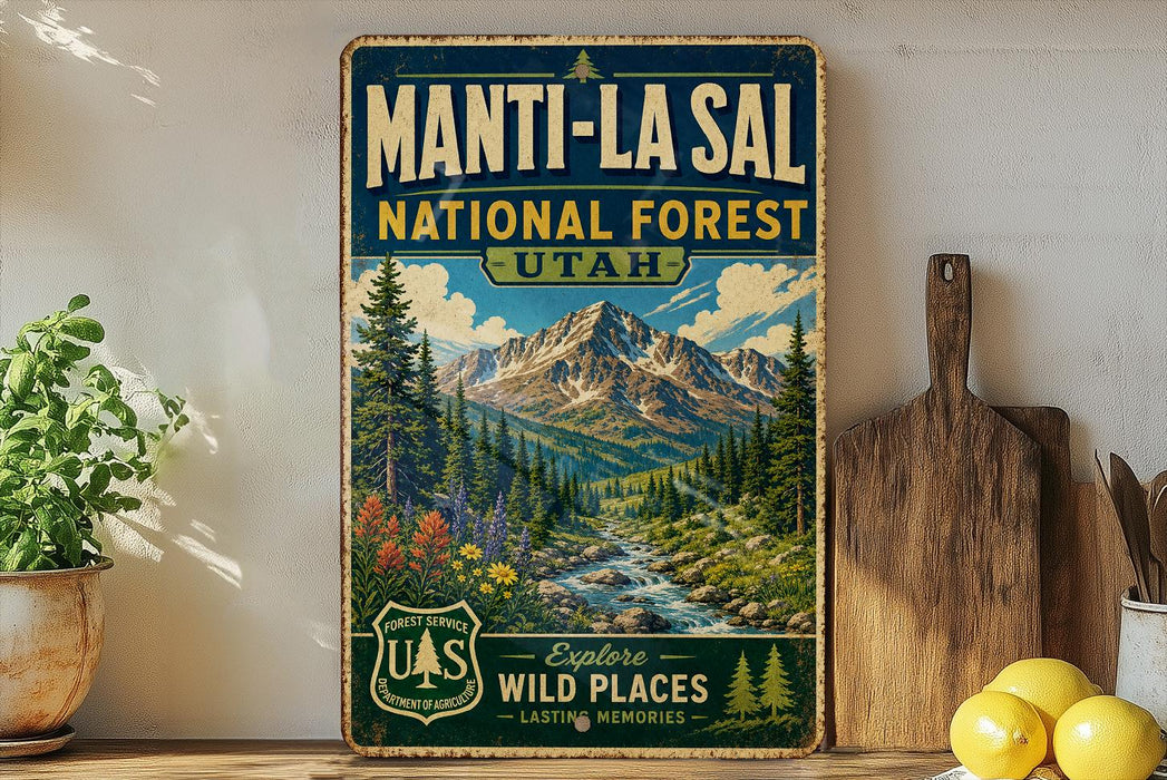 A vintage-style sign for the Manti-La Sal National Forest in Utah, featuring a scenic mountain landscape with pine trees, wildflowers, and a stream.