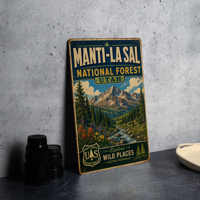 A vintage-style metal sign for the MANTI-LA SAL NATIONAL FOREST in Utah, featuring a mountain landscape and text indicating it is a "Wild Places" destination.