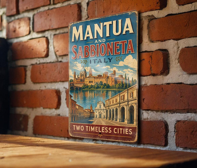 A vintage-style metal sign with the text "MANTUA AND SABIONETA ITALY" and "TWO TIMELESS CITIES" is displayed on a brick wall.