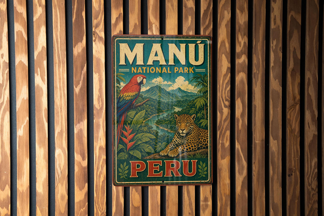 A vintage metal sign for the Manu National Park in Peru, featuring a parrot and a jaguar in a tropical setting.