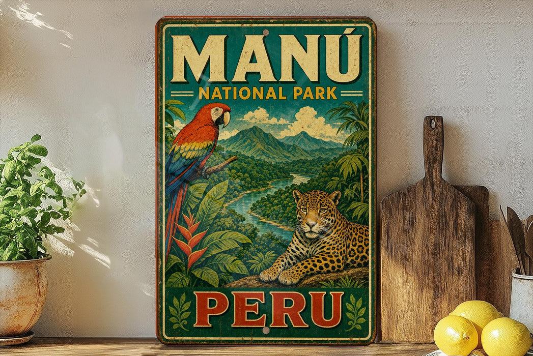 A vintage-style sign for the Manu National Park in Peru, featuring a parrot and a jaguar in a lush, tropical landscape.