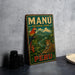 a vintage-style metal sign for the Manu National Park in Peru, with a colorful illustration of a parrot and a jaguar.