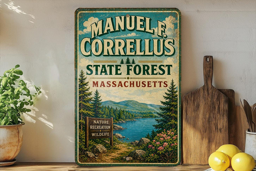 A vintage metal sign for the Manuel Correllus State Forest in Massachusetts, featuring a scenic landscape with pine trees, a lake, and mountains.