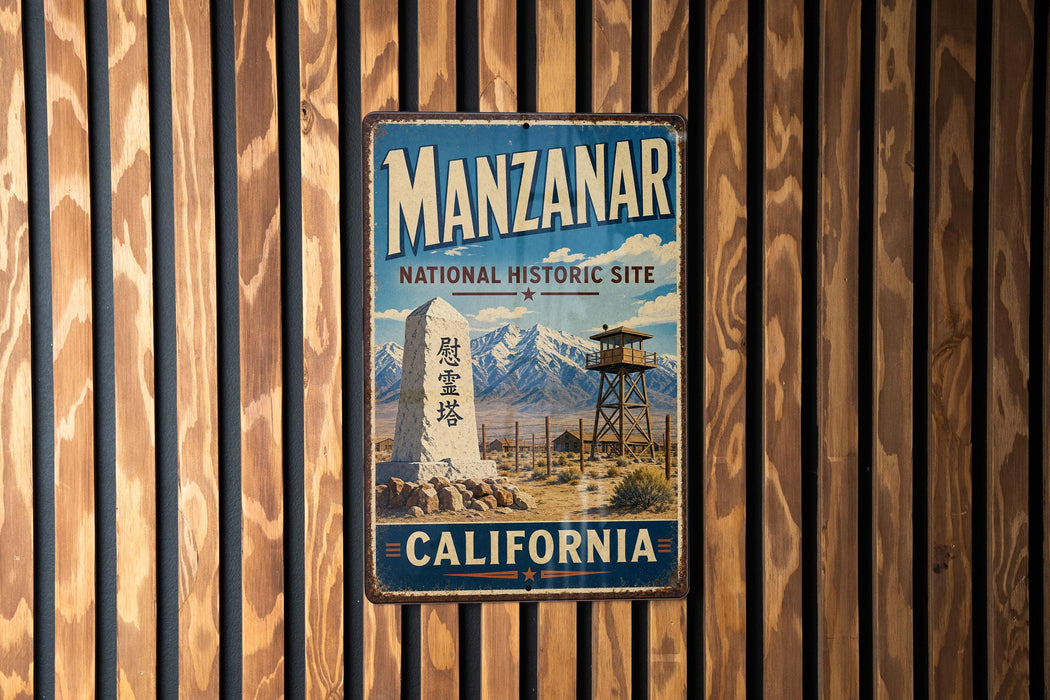 A vintage metal sign for the National Historic Site in Manzanar, California, featuring a mountain landscape and a lookout tower.