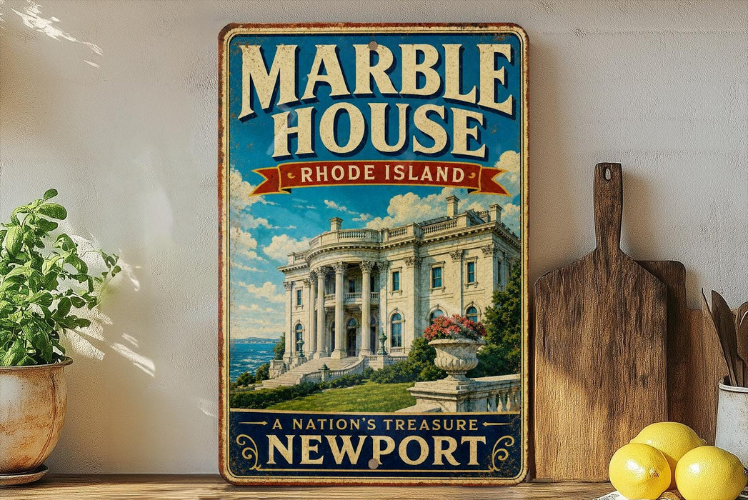A vintage-style metal sign for "M Marble House" in Rhode Island, featuring a large image of the White House and the text "A Nation's Treasure Newport".