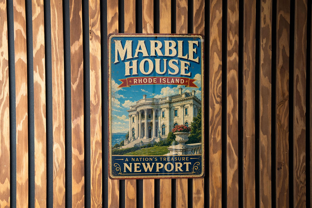 A vintage-style metal sign for the Marble House in Newport, Rhode Island, featuring an illustration of the historic building and the text "A NATION'S TREASURE NEWPORT".