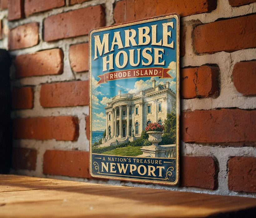 A vintage-style metal sign for the Marble House in Rhode Island, featuring an illustration of the White House and the text "A NATION'S TREASURE NEWPORT".