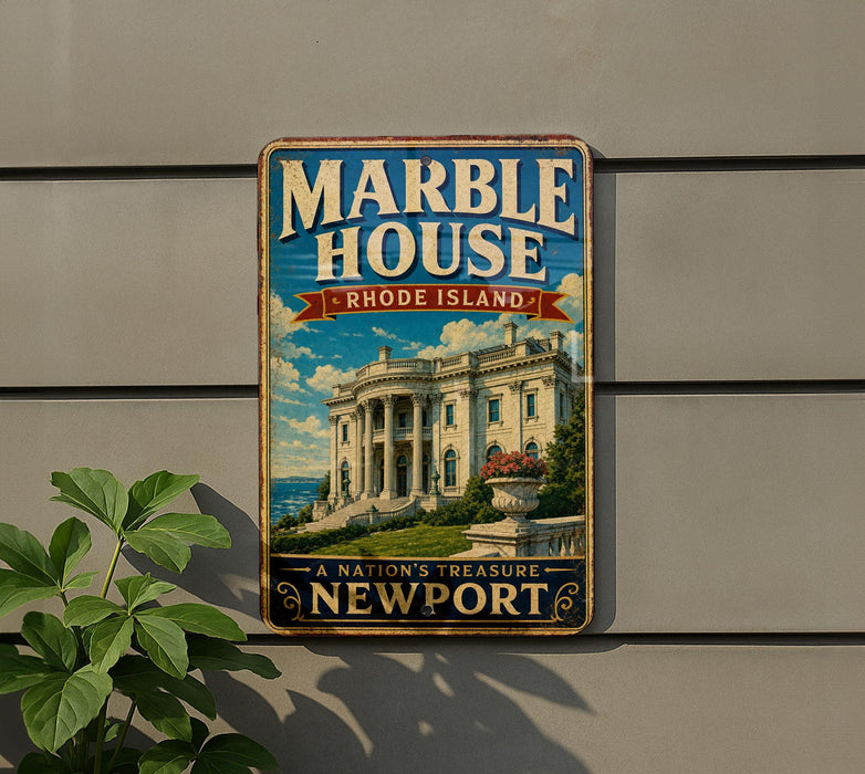 A vintage-style metal sign for the Marble House in Rhode Island, featuring a large image of the White House and the text "A NATION'S TREASURE NEWPORT".