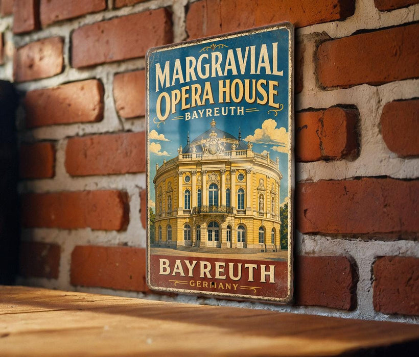 A vintage-style metal sign for the Margravial Opera House in Bayreuth, Germany, featuring an illustration of the opera house and the text "Bayreuth" below it.