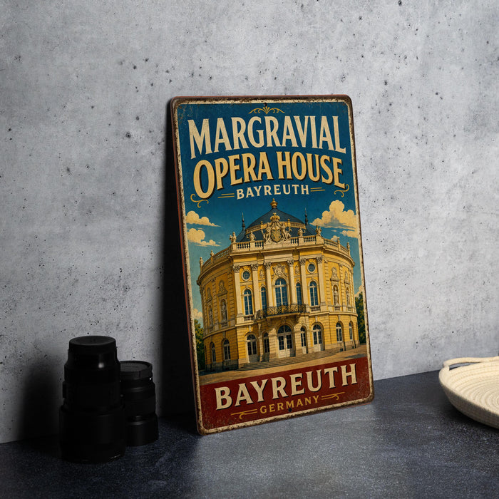 A vintage metal sign for the Margravial Opera House in Bayreuth, Germany, featuring an illustration of the building and the text "MARGRAVIAL OPERA HOUSE BAYREUTH BAYREUTH GERMANY".