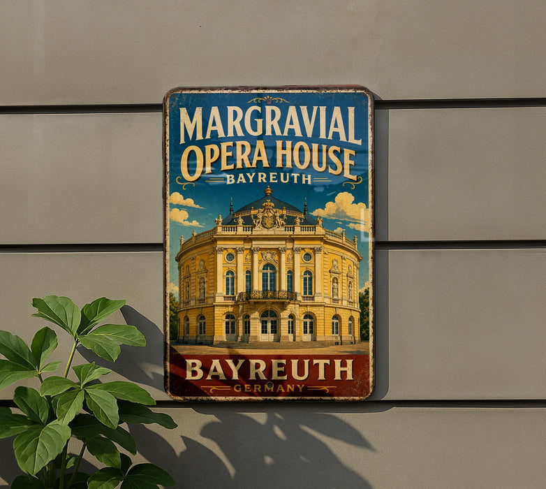 A vintage metal sign for the Margravial Opera House in Bayreuth, Germany, featuring an illustration of the ornate building.