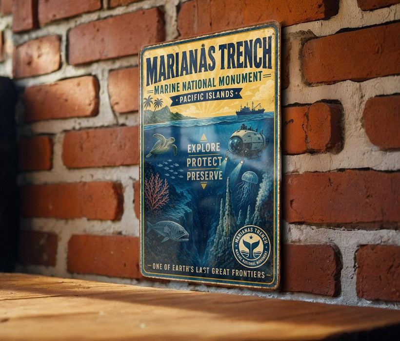 a sign for the Marianas trench, a trench in the Pacific Ocean, with a marine theme and a marine life illustration.