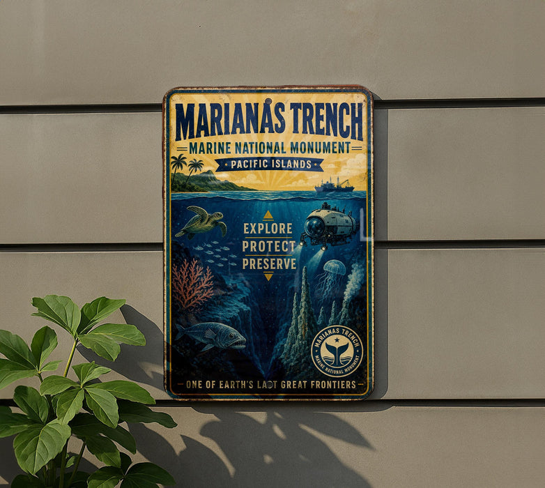 a metal sign with a marine theme, hanging on a wall next to a plant.
