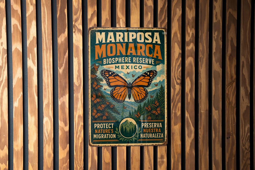 A vintage metal sign with the text "MARIPOSA MONARCA BIOSPHERE RESERVE MEXICO" and an illustration of a butterfly and flowers.