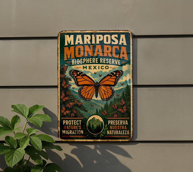 A vintage-style metal sign with a butterfly illustration and text promoting Mariposa Monarca, a butterfly reserve in Mexico.