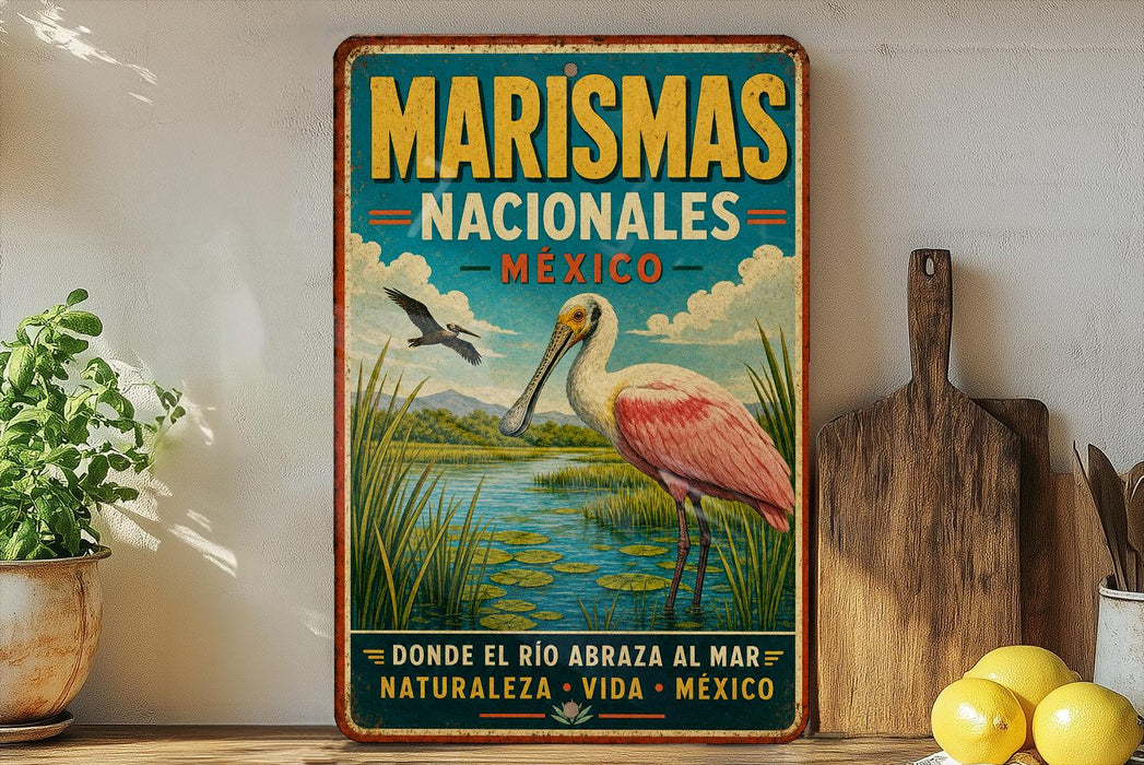 A vintage-style metal sign with a pink flamingo and a river, advertising Marismas Nacionales, Mexico.