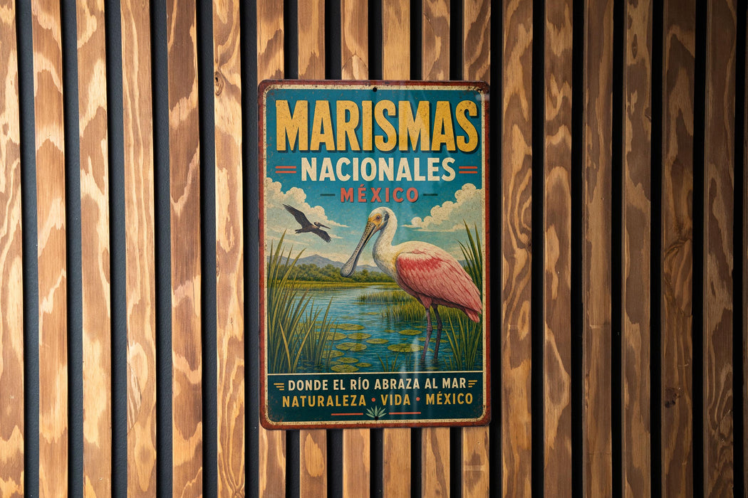 A vintage metal sign with the text "MARISMAS NACIONALES MEXICO" and an illustration of a pink flamingo standing in a pond.