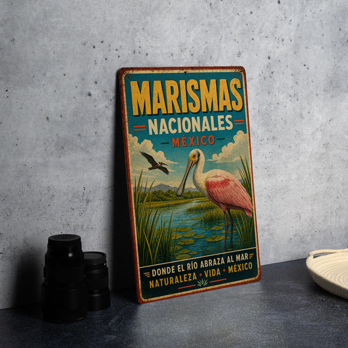 A vintage-style metal sign advertising Marismas Nacionales, Mexico, featuring a pink flamingo and a seagull in a natural setting.