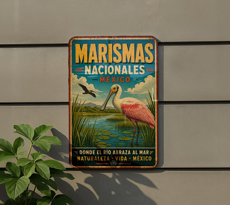 A vintage-style metal sign with a pink flamingo and a bird in a grassy field, advertising Marismas Nacionales, Mexico.