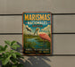A vintage-style metal sign with a pink flamingo and a bird in a grassy field, advertising Marismas Nacionales, Mexico.
