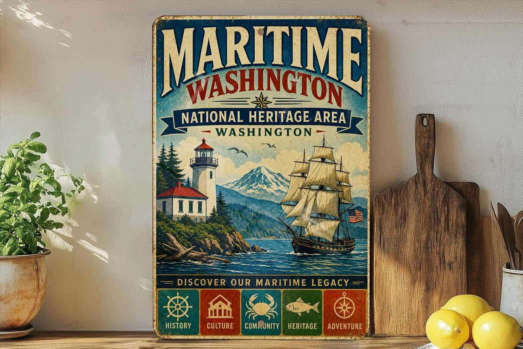 A vintage-style metal sign for the Maritime Washington National Heritage Area in Washington, featuring a lighthouse, a ship, and mountains in the background.