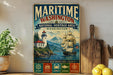 A vintage-style metal sign for the Maritime Washington National Heritage Area in Washington, featuring a lighthouse, a ship, and mountains in the background.
