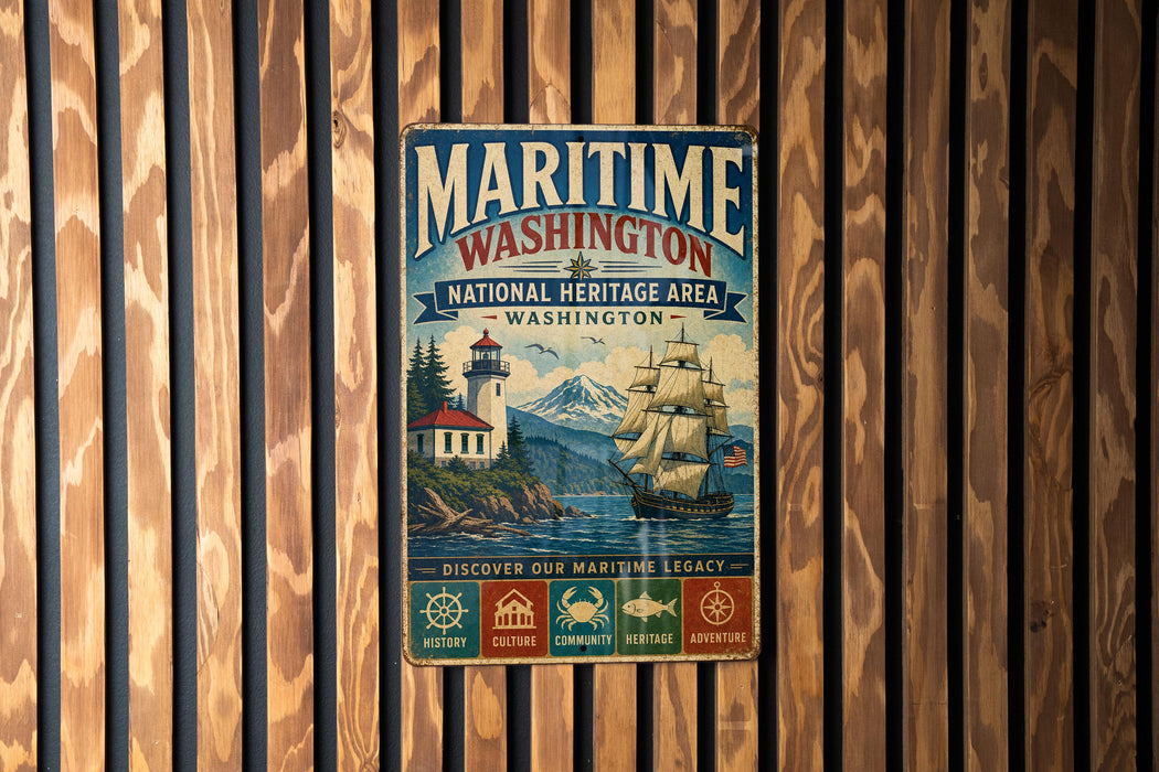 A vintage metal sign for the National Heritage Area in Washington, featuring a lighthouse, a ship, and mountains in the background.