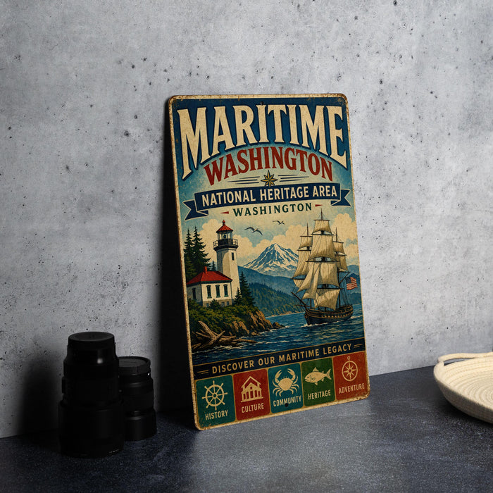A vintage-style metal sign for the National Heritage Area in Washington, featuring a lighthouse and a sailing ship, is displayed on a gray wall.