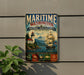 A vintage-style sign for the Maritime Washington National Heritage Area in Washington, featuring a lighthouse, a ship, and mountains in the background.