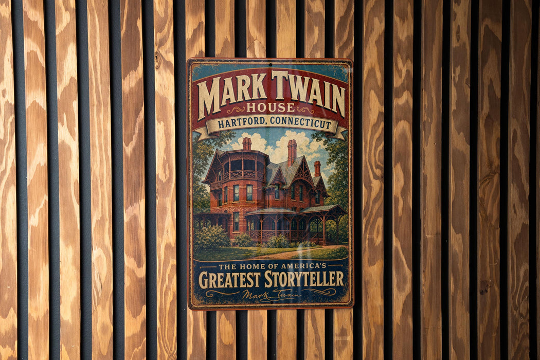 A vintage-style metal sign for Mark Twain House in Hartford, Connecticut, featuring an illustration of a large, ornate house surrounded by trees.