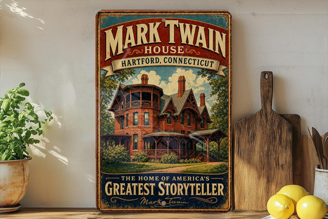 A vintage-style sign for the Mark Twain House in Hartford, Connecticut, featuring an illustration of the house and the text "The Home of America's Greatest Storyteller"