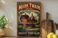 A vintage-style sign for the Mark Twain House in Hartford, Connecticut, featuring an illustration of the house and the text "The Home of America's Greatest Storyteller"