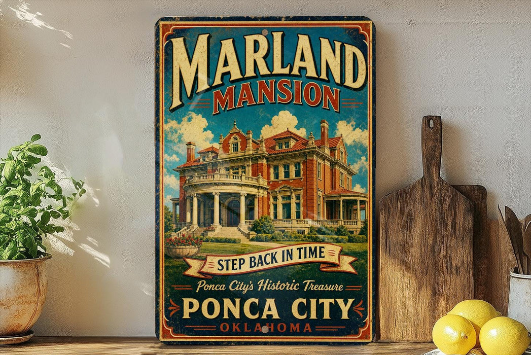 A vintage-style sign for the Marland Mansion, featuring an illustration of a large, ornate house with a prominent staircase. The sign is displayed on a shelf next to a wooden cutting board and some potted plants.