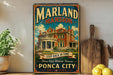 A vintage-style sign for the Marland Mansion, featuring an illustration of a large, ornate house with a prominent staircase. The sign is displayed on a shelf next to a wooden cutting board and some potted plants.