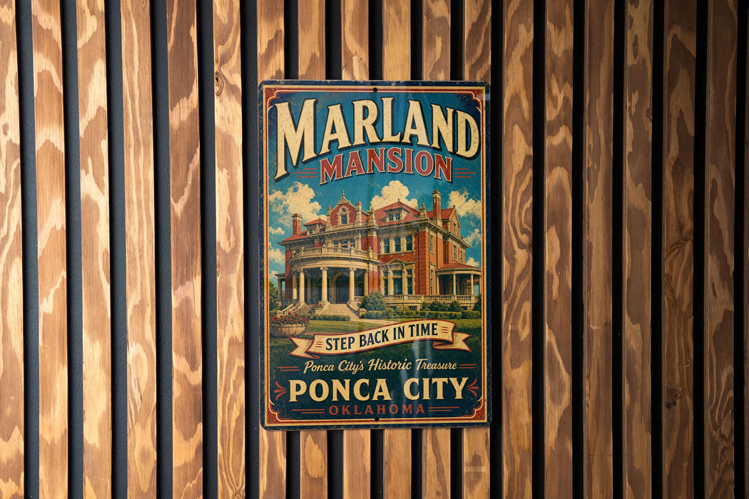 A vintage-style poster advertising Marland Mansion, featuring an illustration of a large, ornate mansion with a prominent clock tower.
