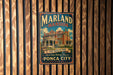 A vintage-style poster advertising Marland Mansion, featuring an illustration of a large, ornate mansion with a prominent clock tower.