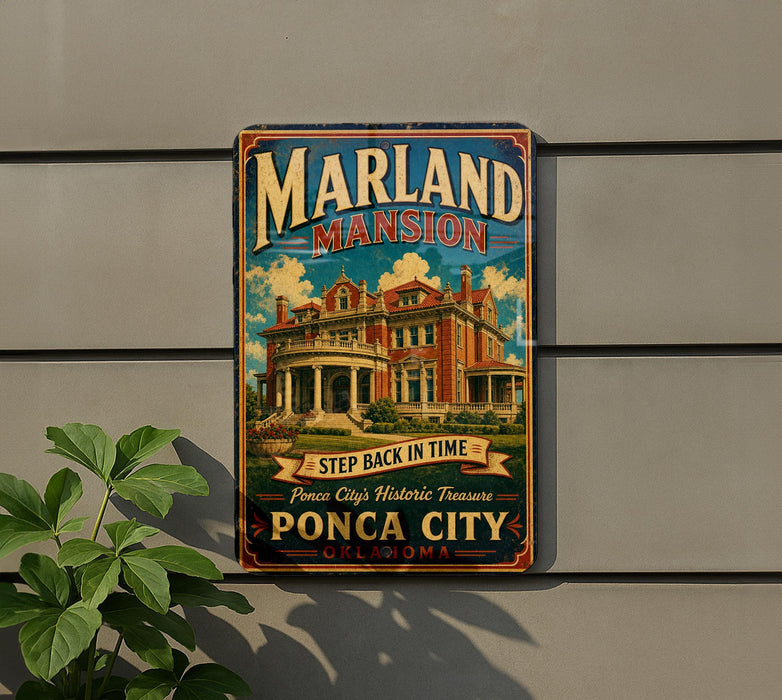 A vintage-style metal sign for the Marland Mansion, featuring an illustration of a large, ornate mansion with a prominent tower.