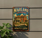 A vintage-style metal sign for the Marland Mansion, featuring an illustration of a large, ornate mansion with a prominent tower.